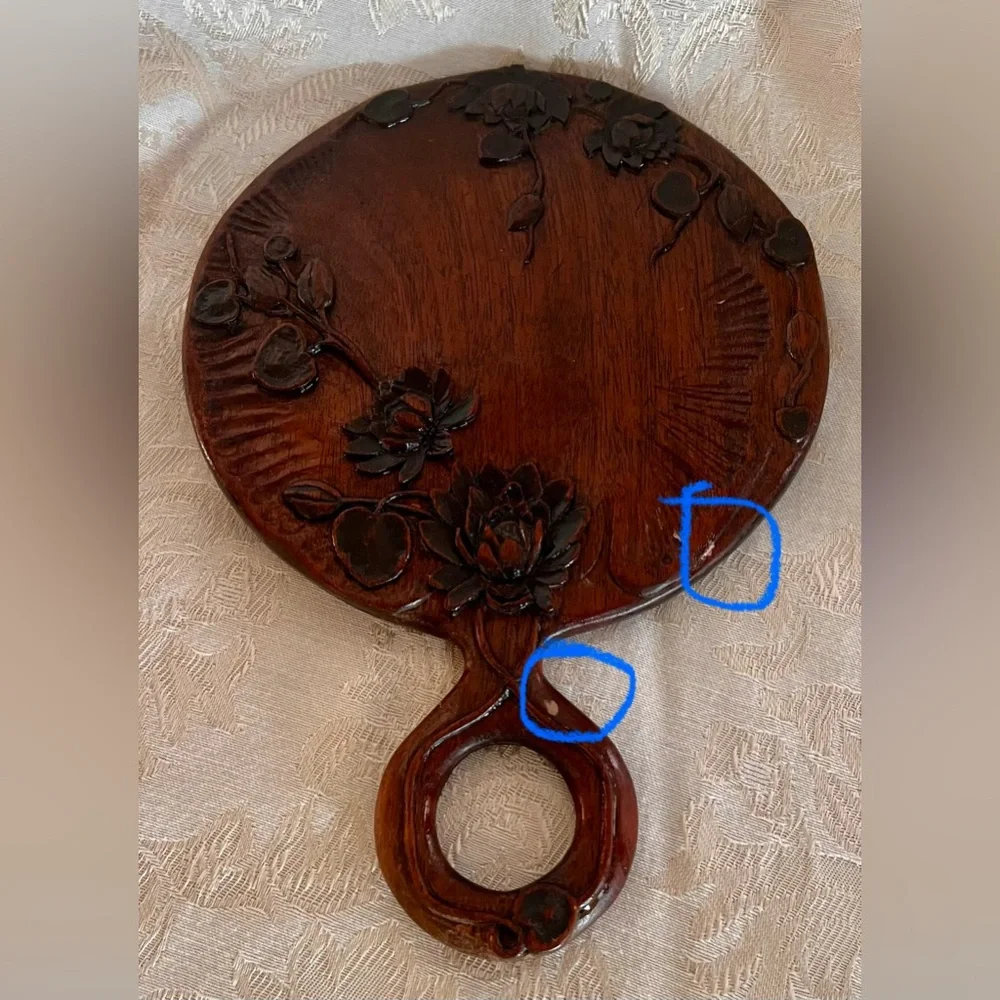 Antique Japanese Kamakura Bori Hand Carved Wood Mirror - Meiji Lotus Lacquerware